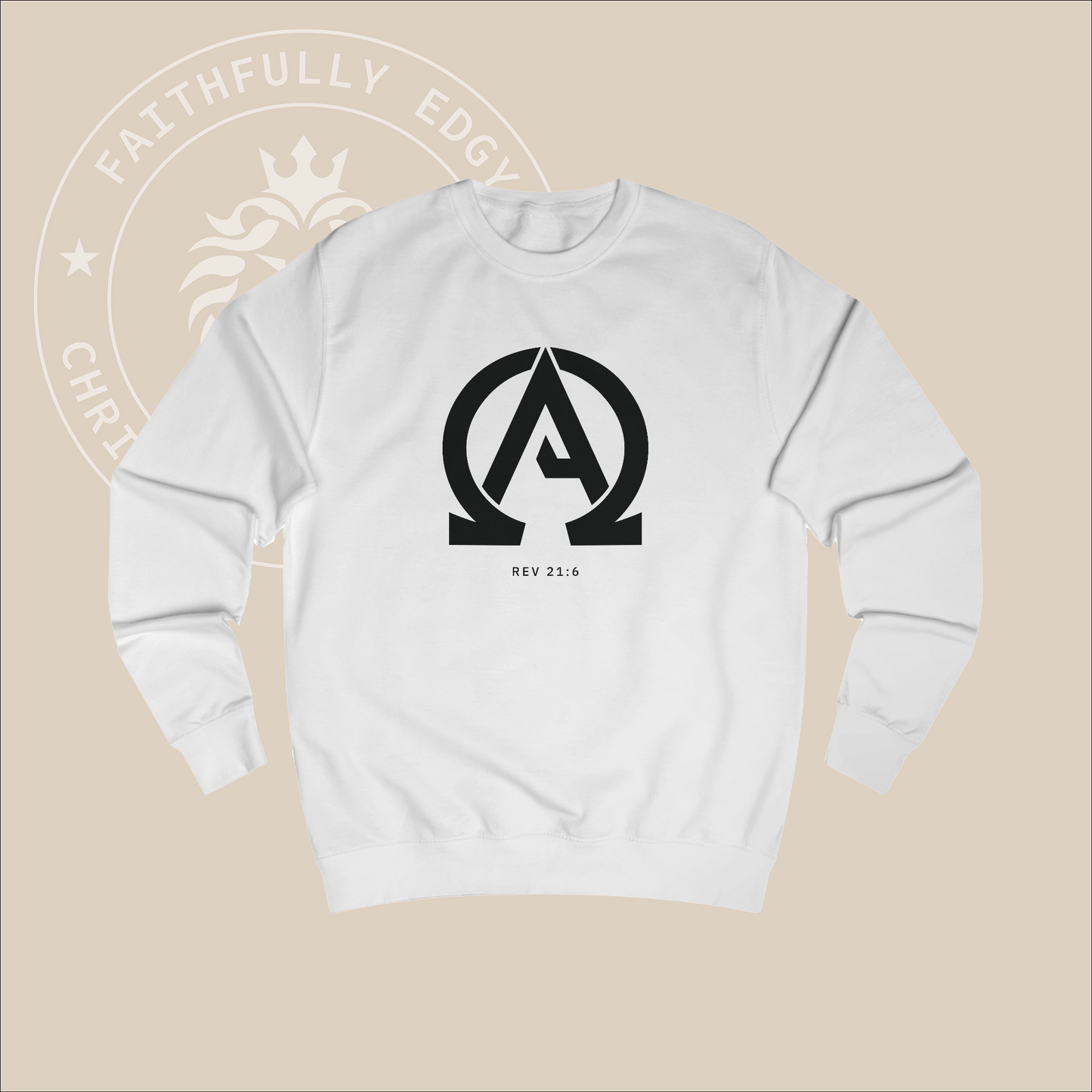 White crewneck sweater with black "Alpha Omega" print with verse Rev 23:6 reference.