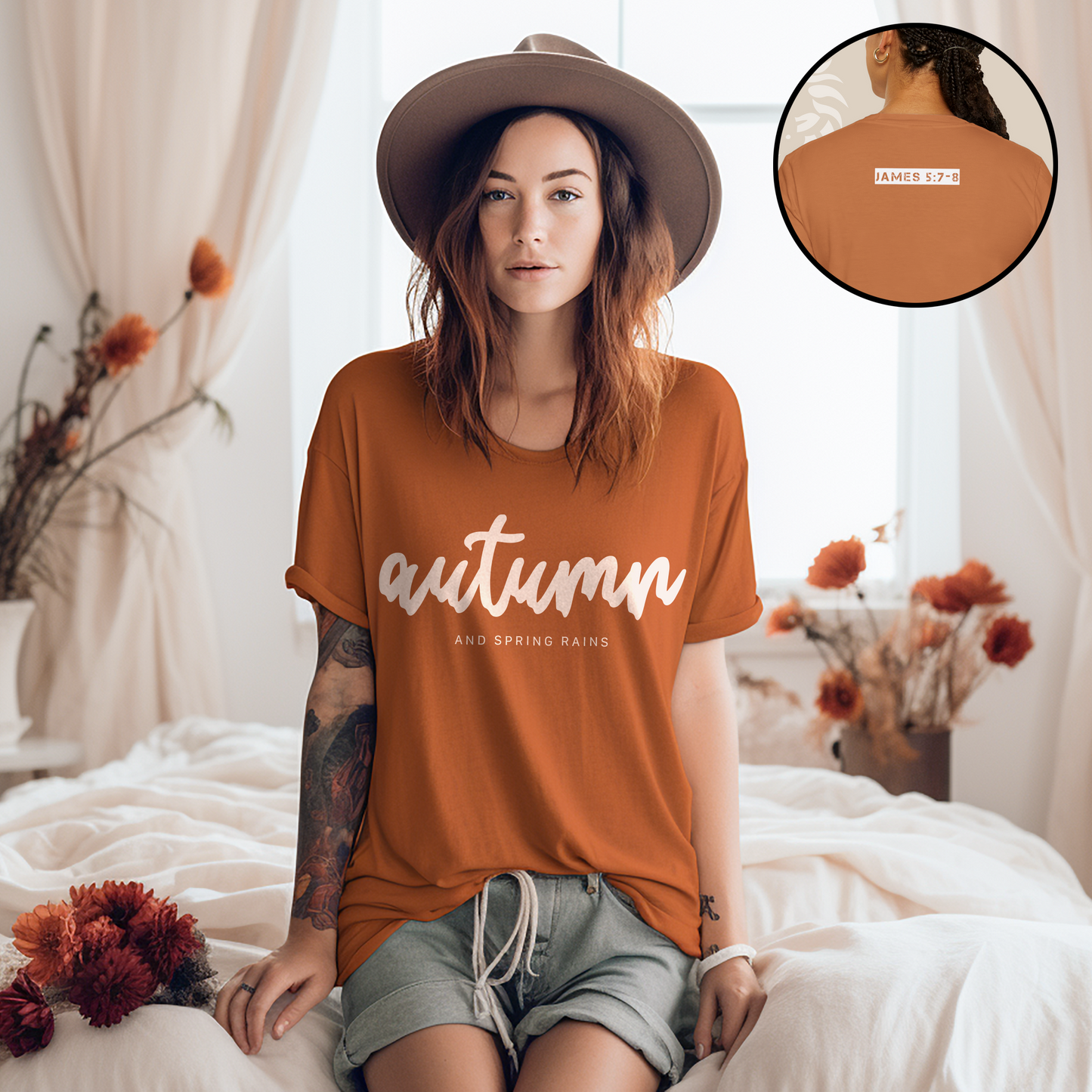 Christian 'Autumn and Spring Rains' Unisex T-shirt with James 5:7-8 Reference, Encouraging Patience & Faith in the Lord's Return.