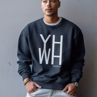 Navy crewneck sweater with white "YHWH" print with verse Exodus 6:3 reference.