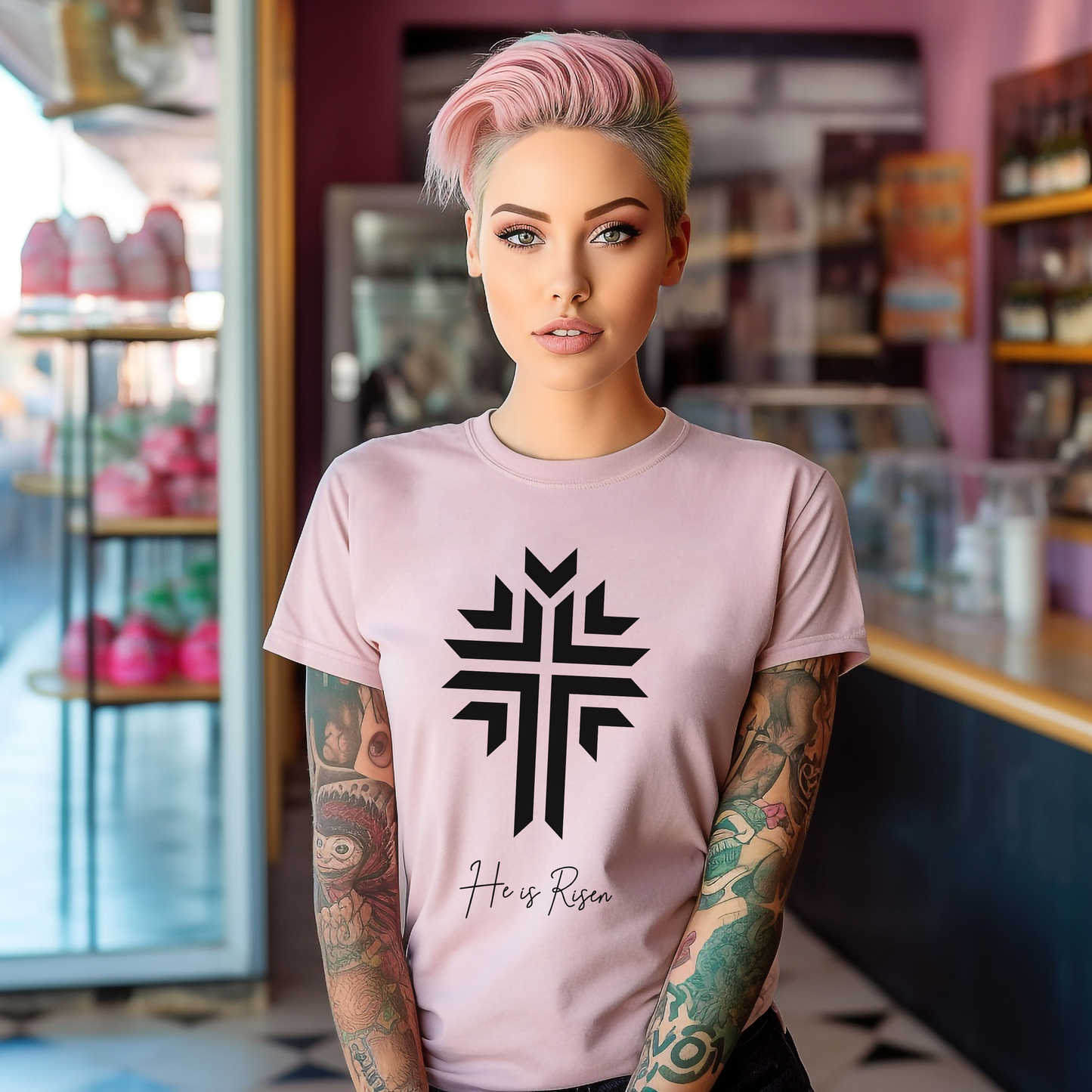 Unisex "He is Risen" Tee with Radiating Cross