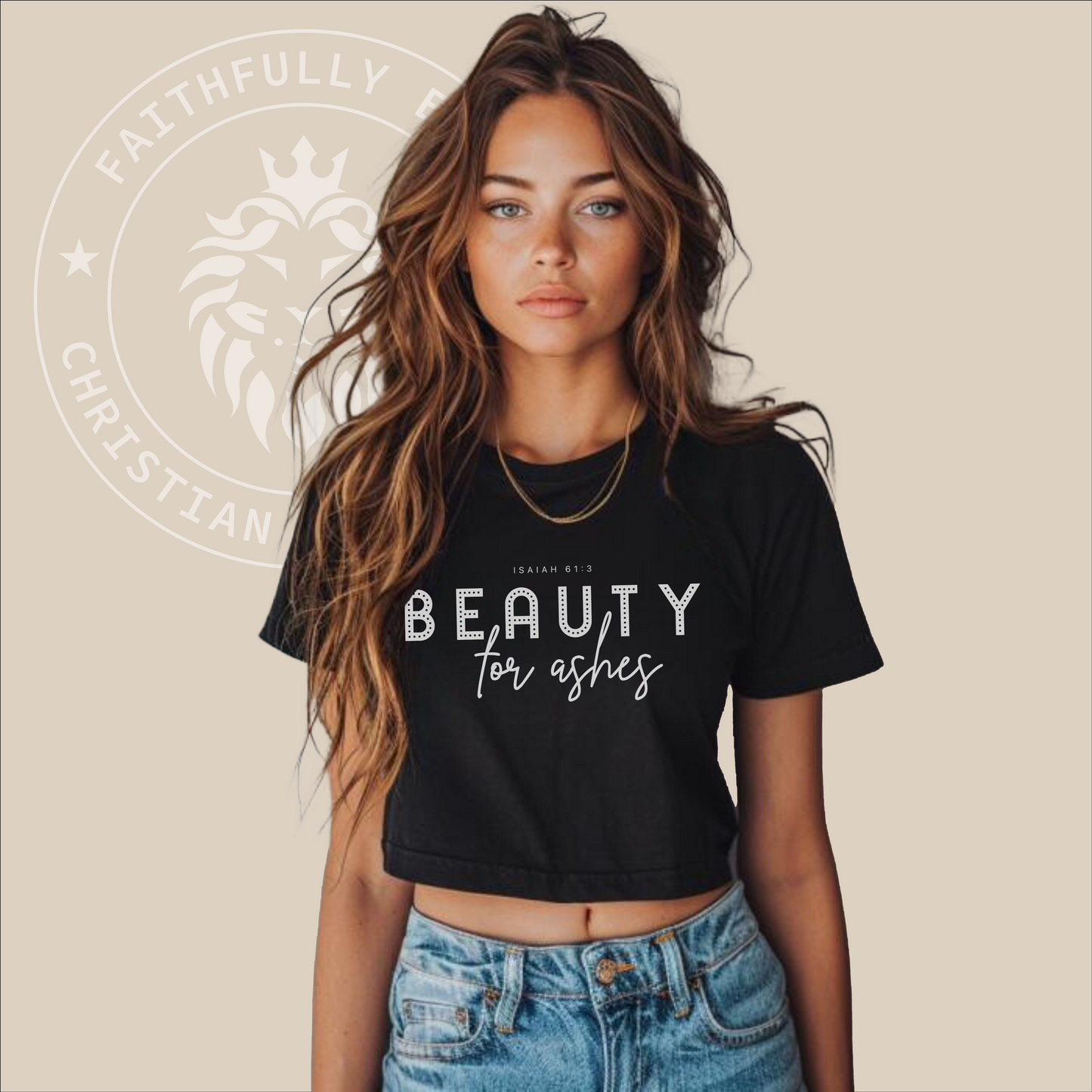 Women's "Beauty for Ashes" Festival Crop Top with Isaiah 61:3 reference.