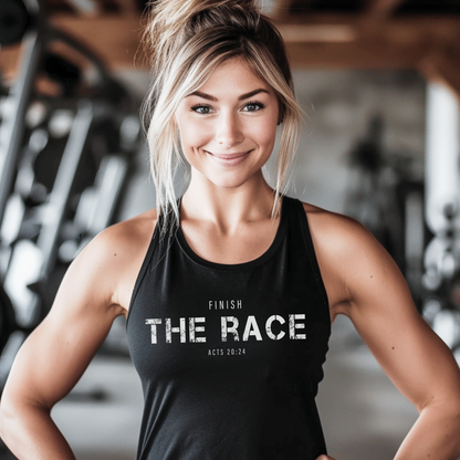 Women's "Finish the Race" tank top. In Acts 20:24 Paul values his mission over life itself, aiming to finish the race and share God's grace.