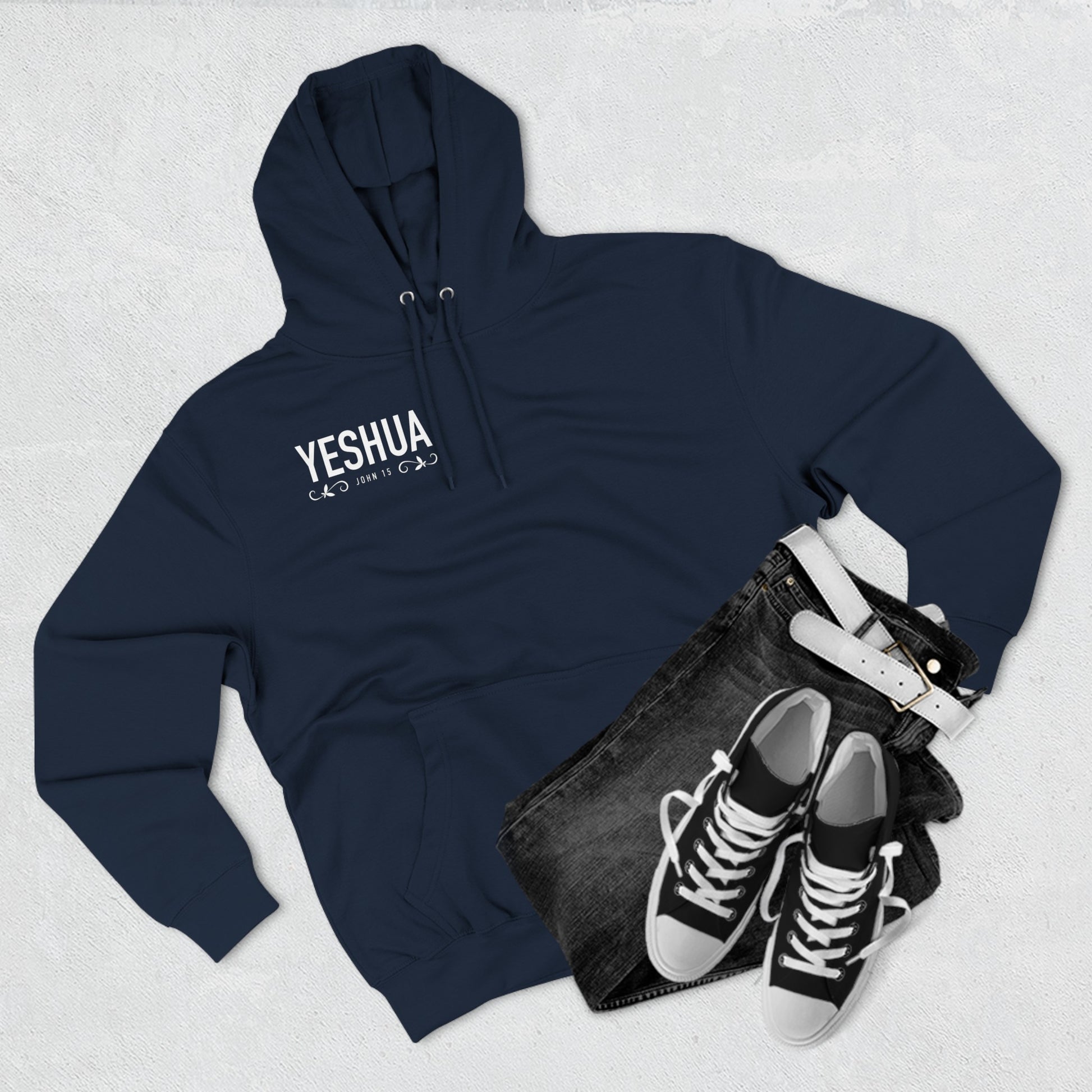 Unisex "Yeshua" hoodie with John 15 and vine graphics print.