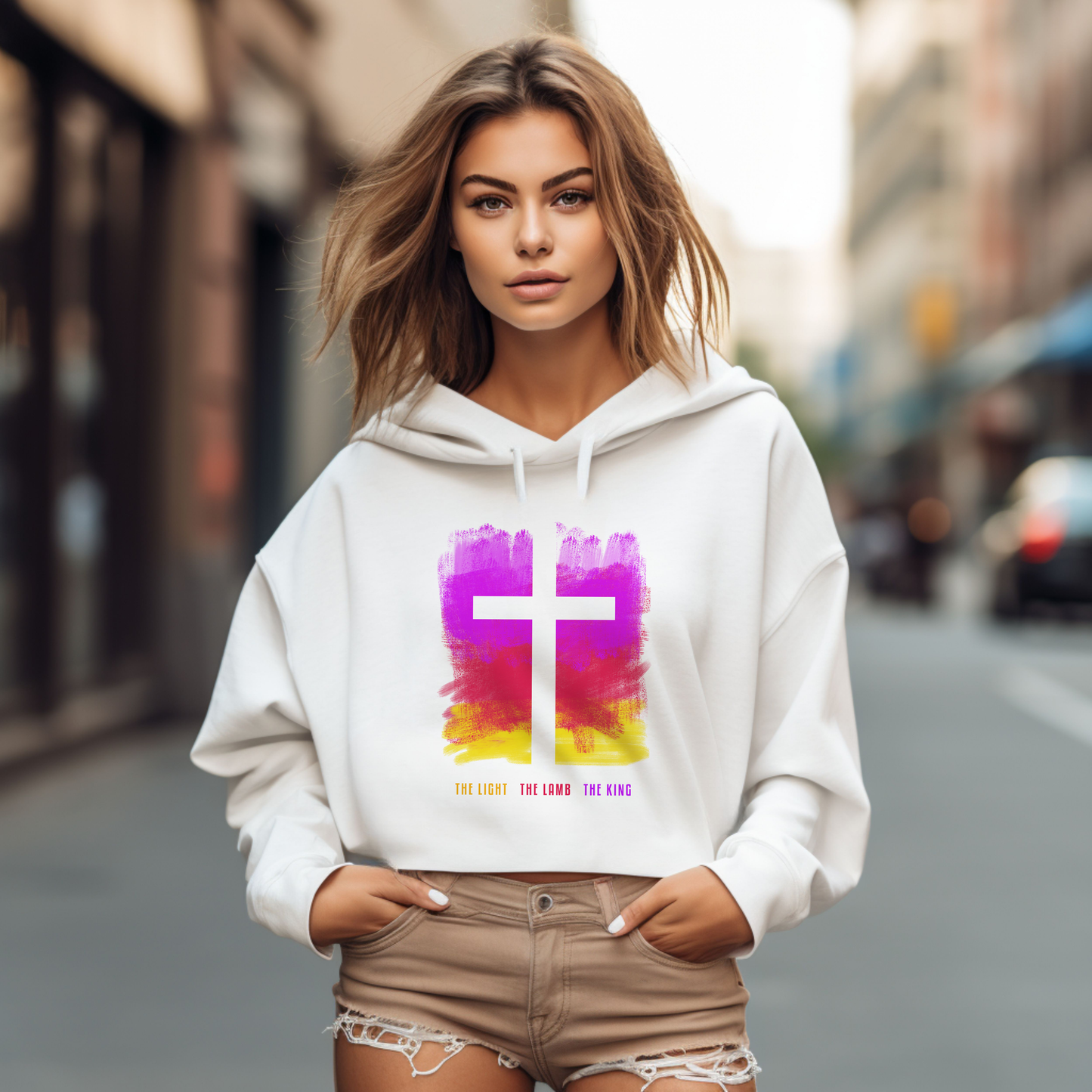 Women's "The Light, The Lamb, The King" Cropped Hoodie. Jesus is the Light of the world, our Savior on the cross, and King over all.