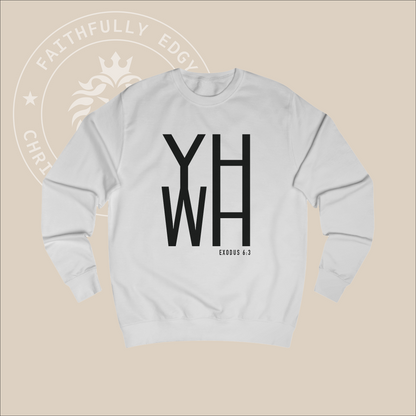 Light grey crewneck sweater with black "YHWH" print with verse Exodus 6:3 reference.