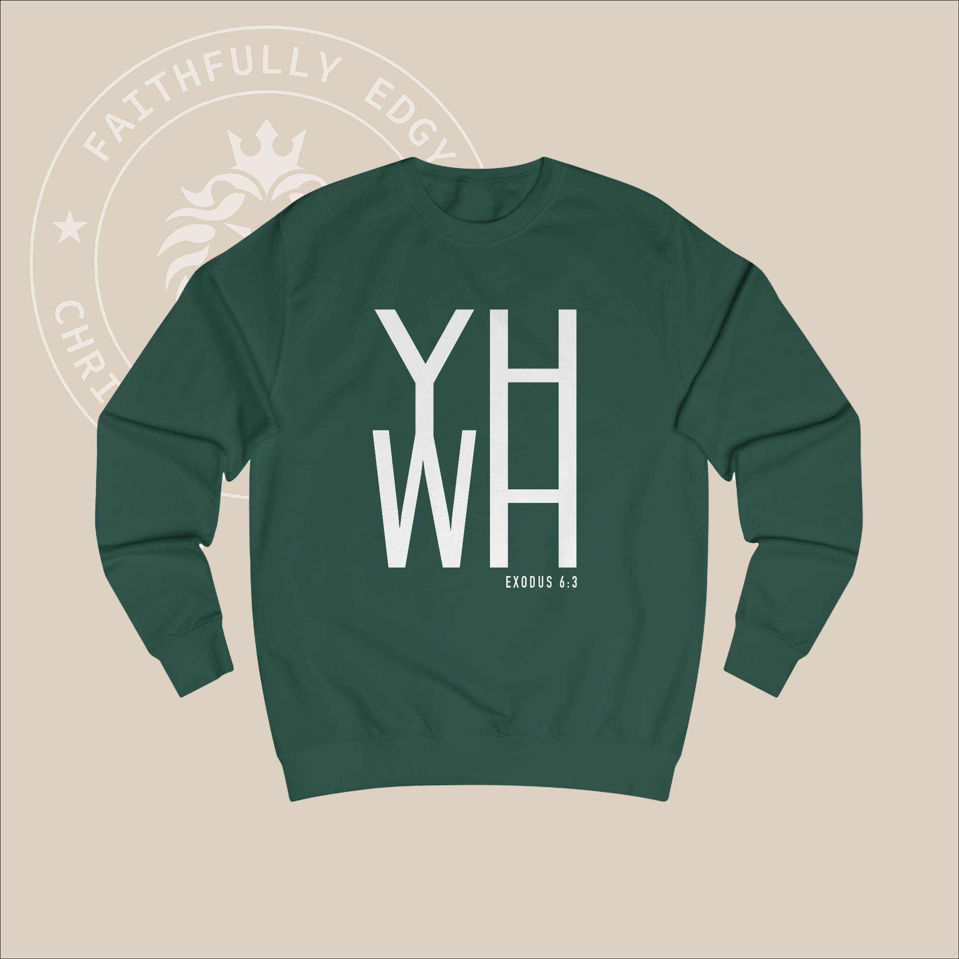 Green crewneck sweater with white "Alpha Omega" print with verse Rev 23:6 reference.