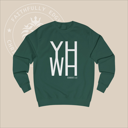 Green crewneck sweater with white "Alpha Omega" print with verse Rev 23:6 reference.