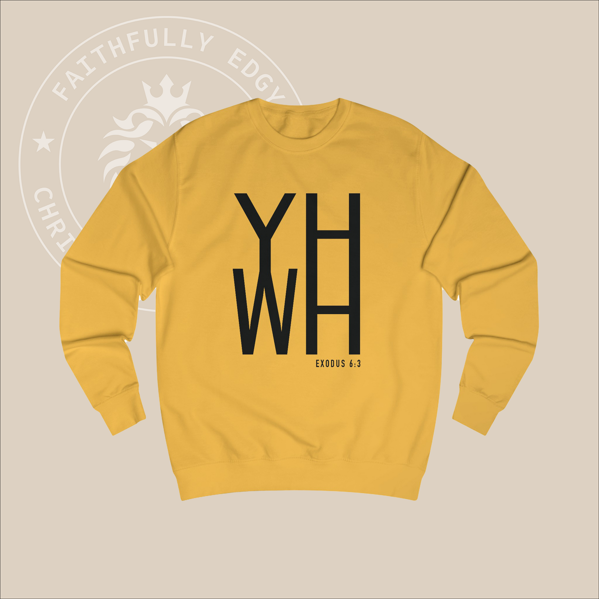 Gold crewneck sweater with black "YHWH" print with verse Exodus 6:3 reference.