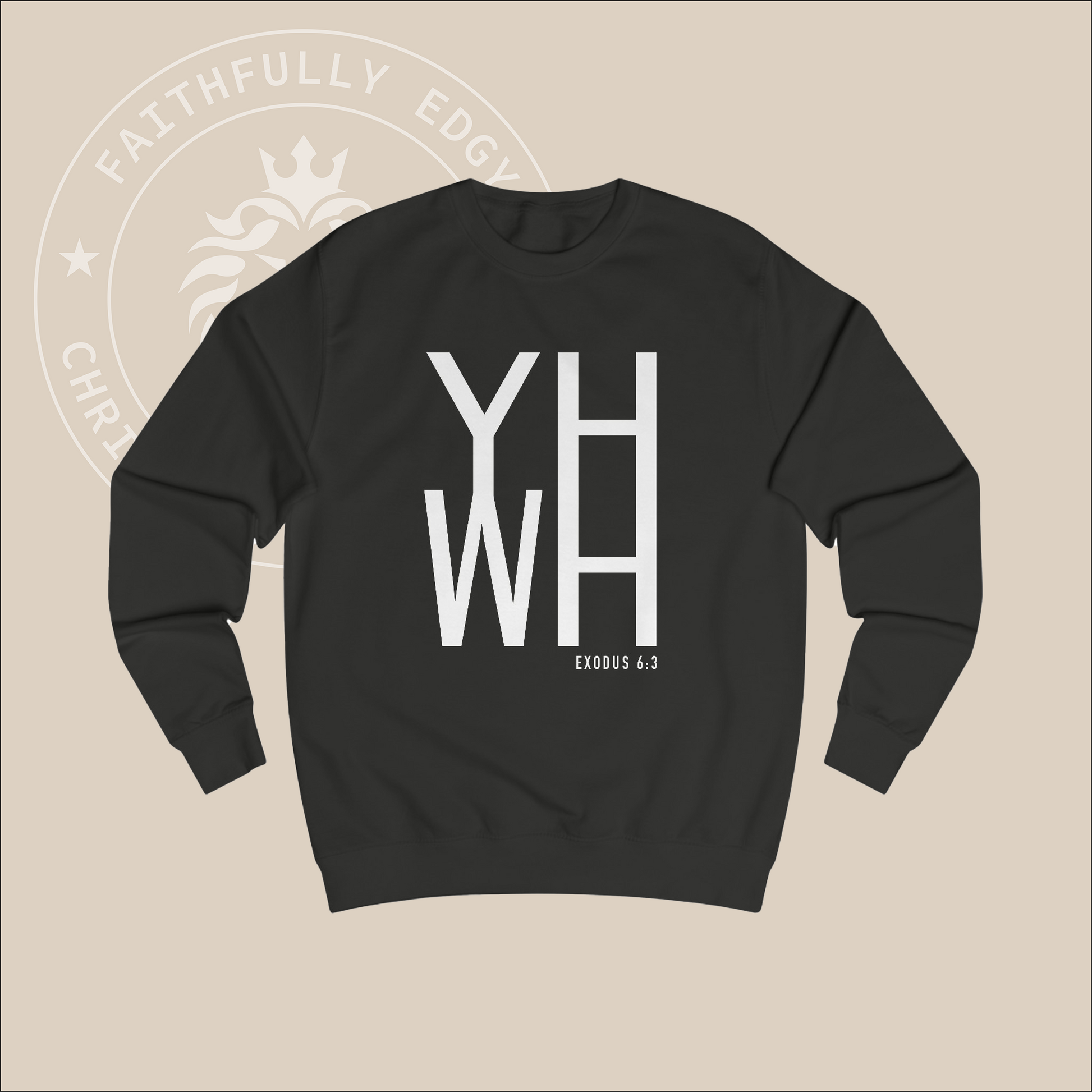 Black crewneck sweater with white "YHWH" print with verse Exodus 6:3 reference.