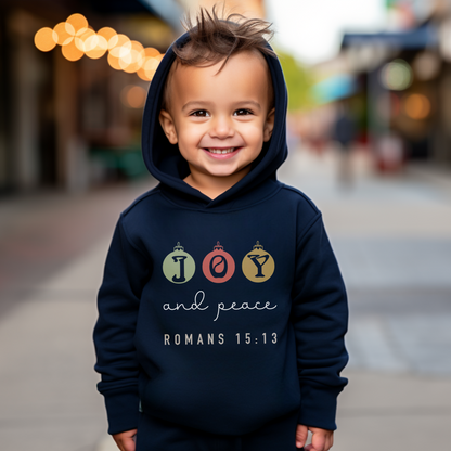 Christmas "Joy and Peace" Kids Hoodie, Romans 15:13 is a verse that asks God, to fill believers with joy and peace as they trust in Him.