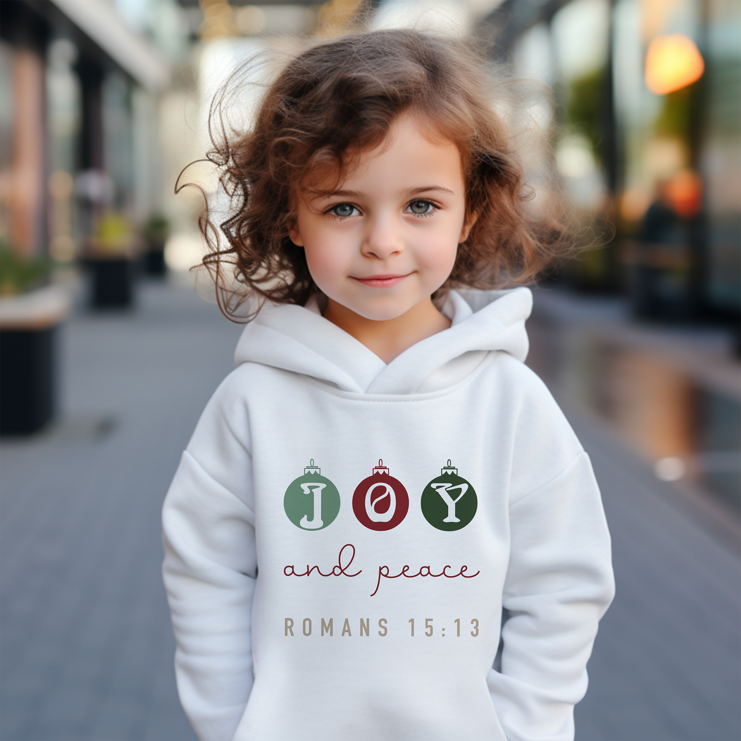 Christmas "Joy and Peace" Kids Hoodie, Romans 15:13 is a verse that asks God, to fill believers with joy and peace as they trust in Him.