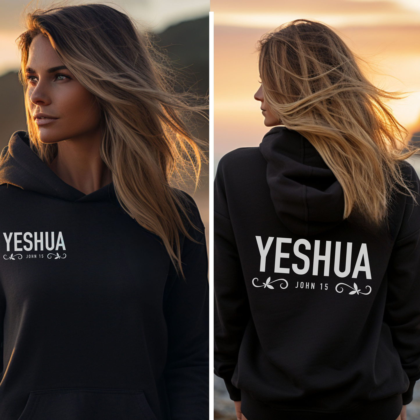 Unisex "Yeshua" hoodie with John 15 and vine graphics print.