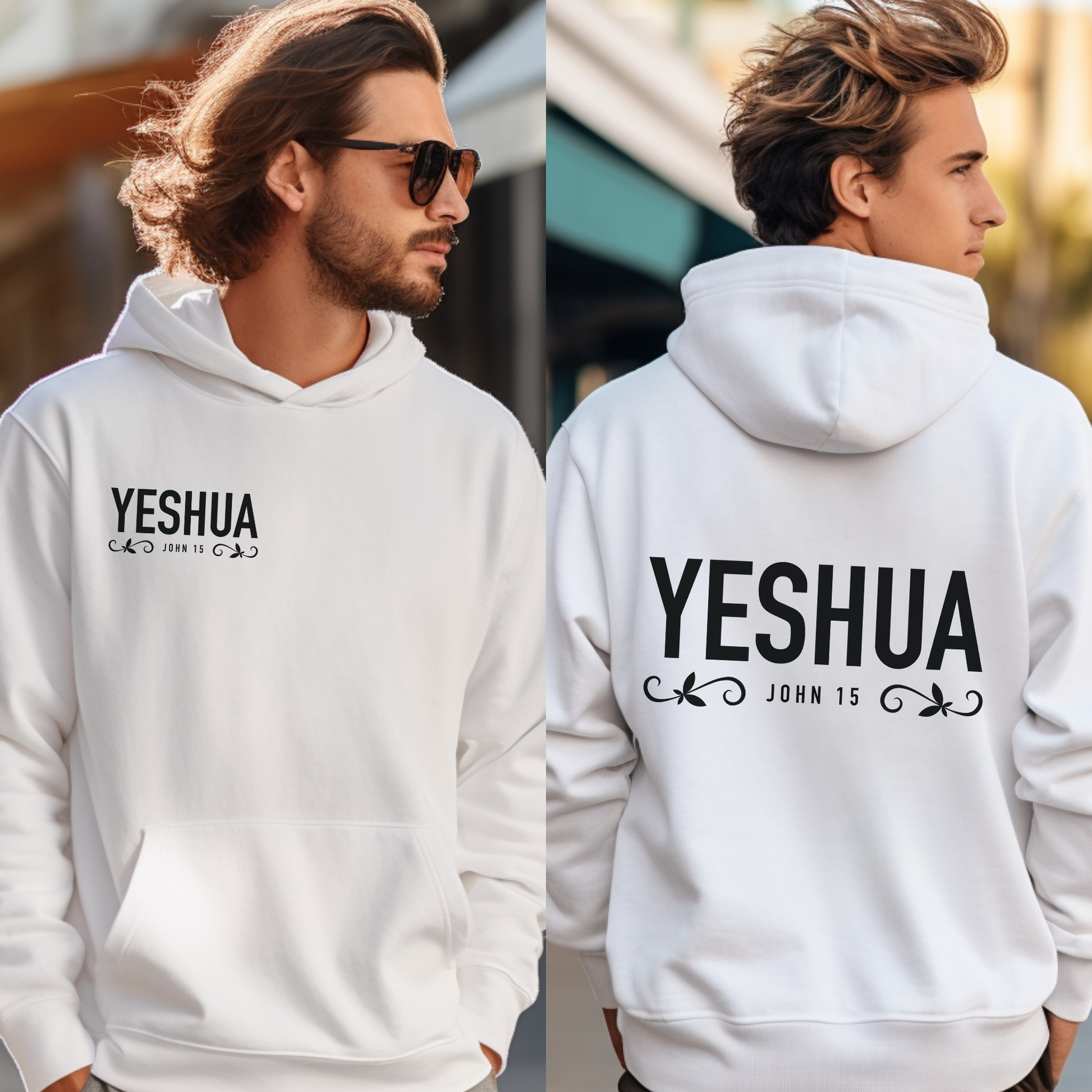 Unisex "Yeshua" hoodie with John 15 and vine graphics print.