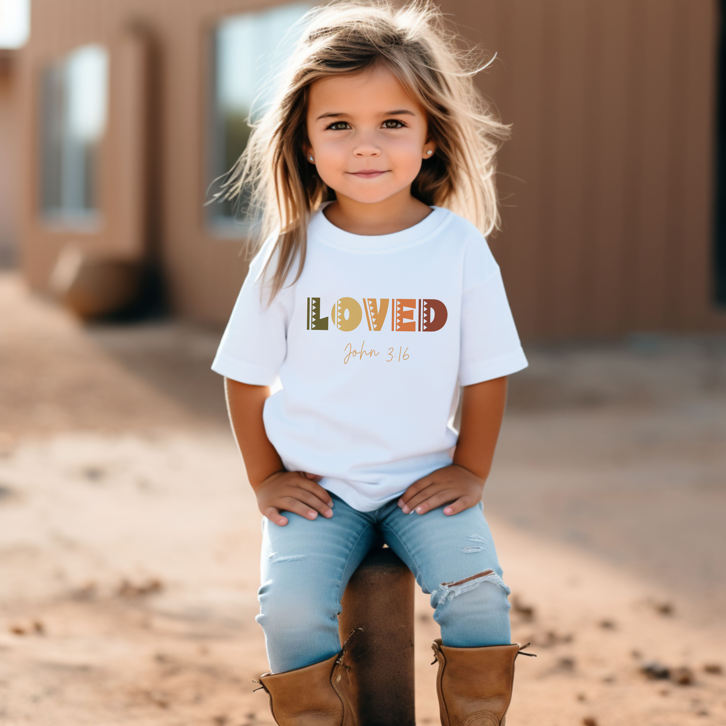 Toddler "Loved" Tee John 3:16 highlights God's love, shown through His sacrifice of Jesus Christ, granting eternal life to all who believe.