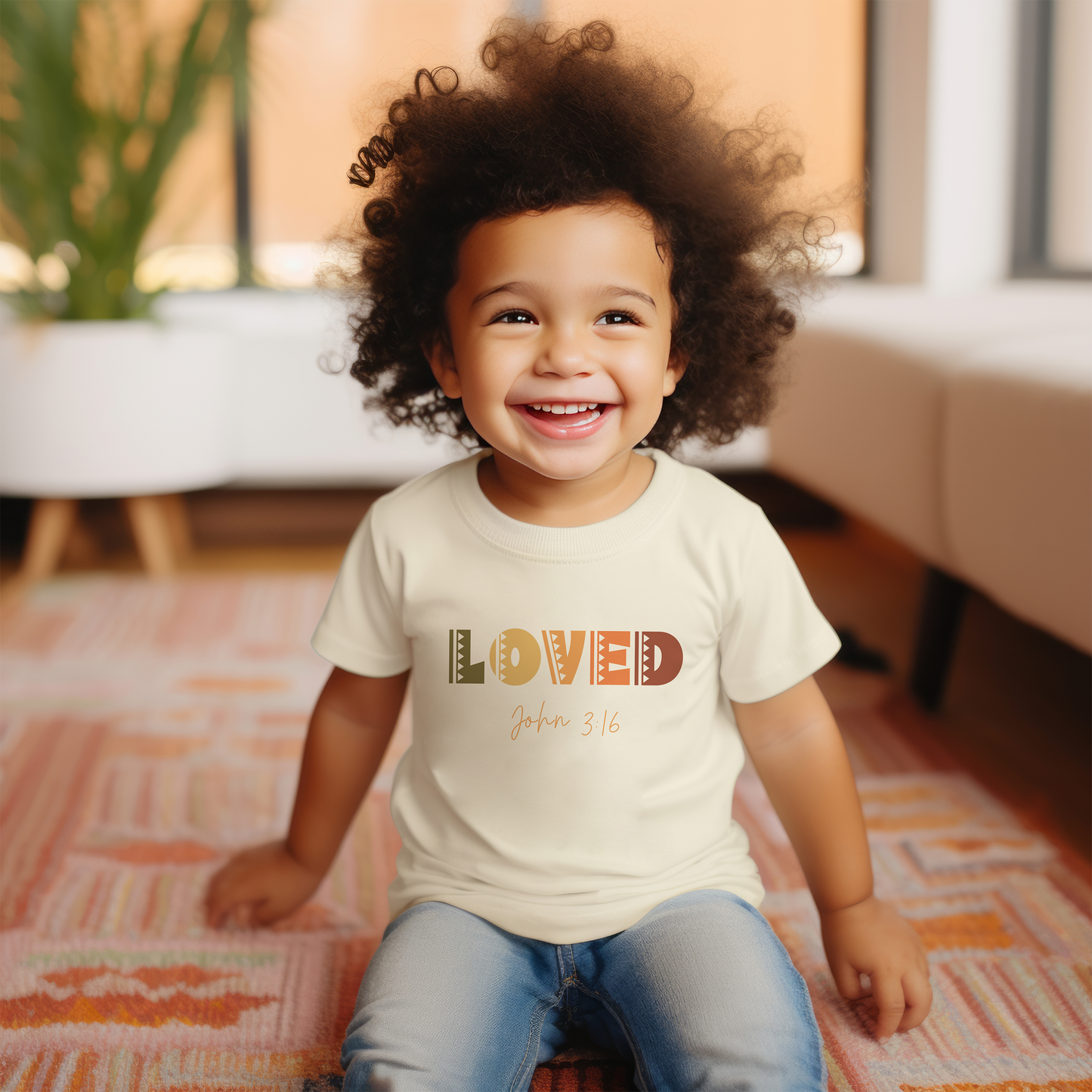 Toddler "Loved" Tee John 3:16 highlights God's love, shown through His sacrifice of Jesus Christ, granting eternal life to all who believe.