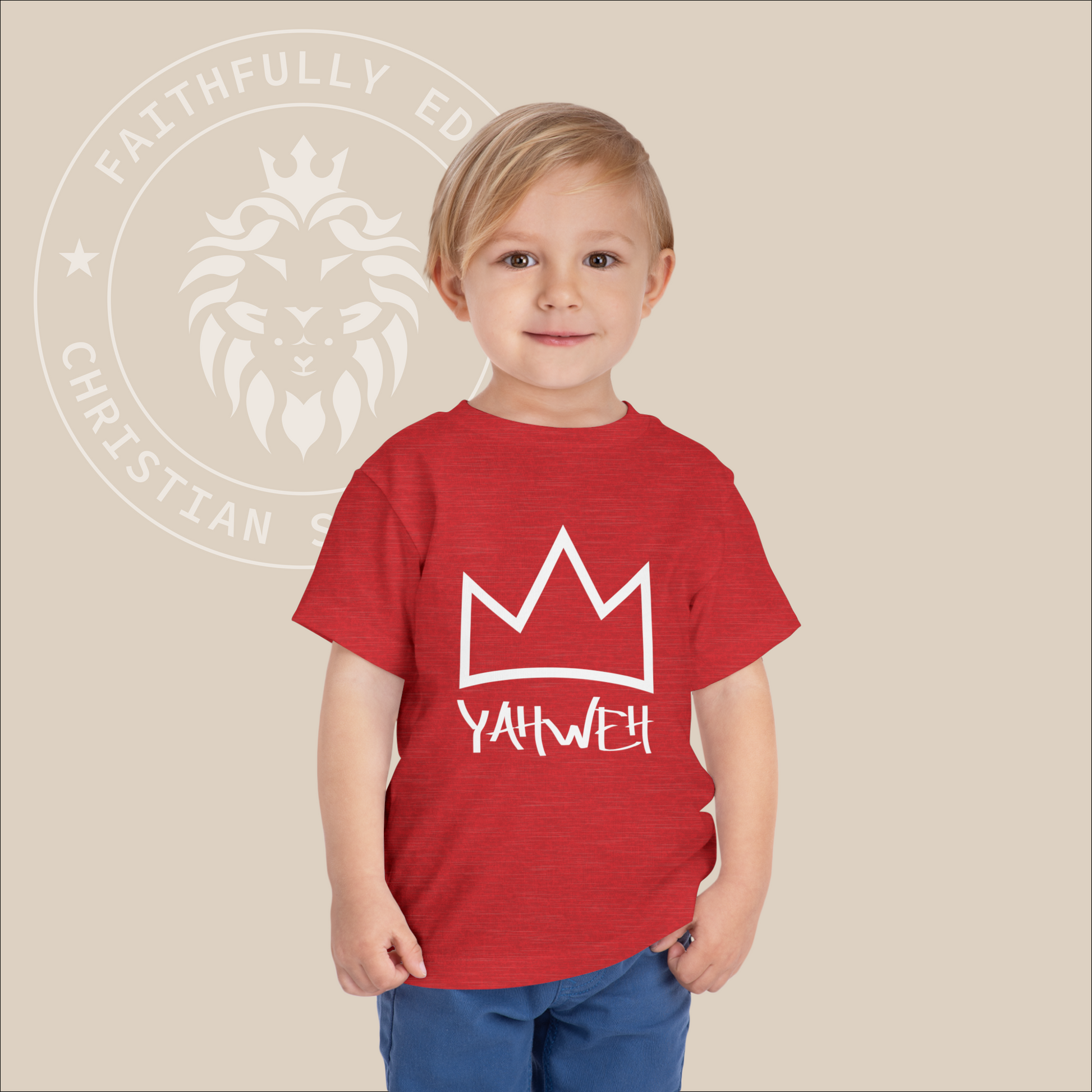 Red toddler tee with white "Yahweh" print.