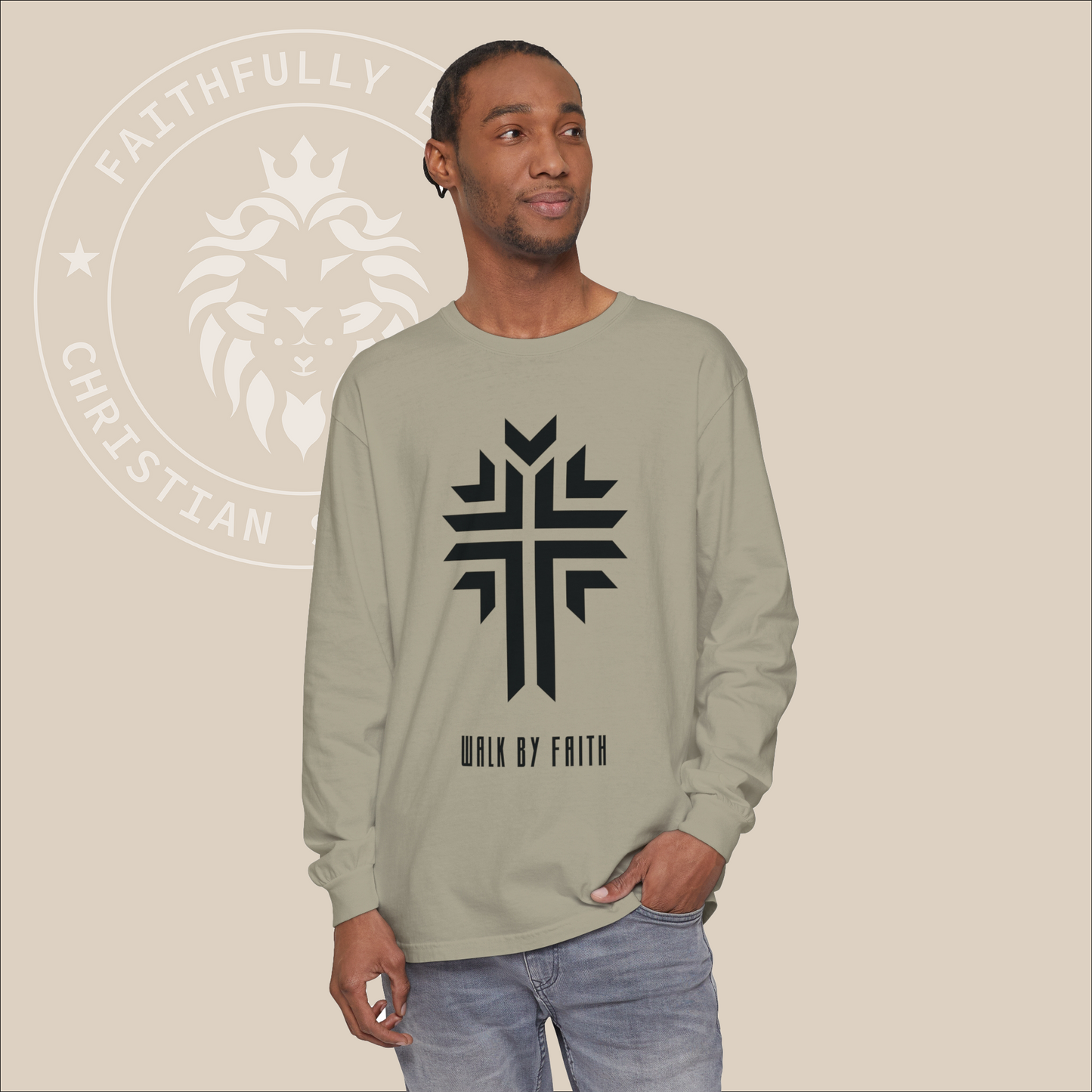 2 Corinthians 5:7 Inspired 'Walk by Faith' Christian Long-Sleeve Shirt with Cross Print