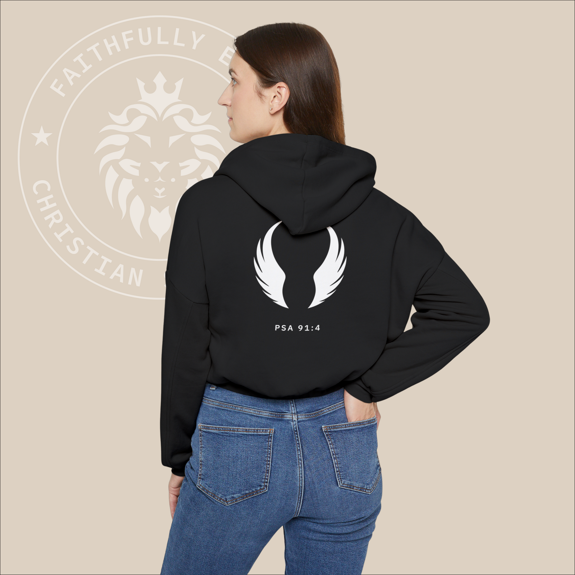 Women's "Under His Wings" oversized hoodie with Psalm 91:4 print