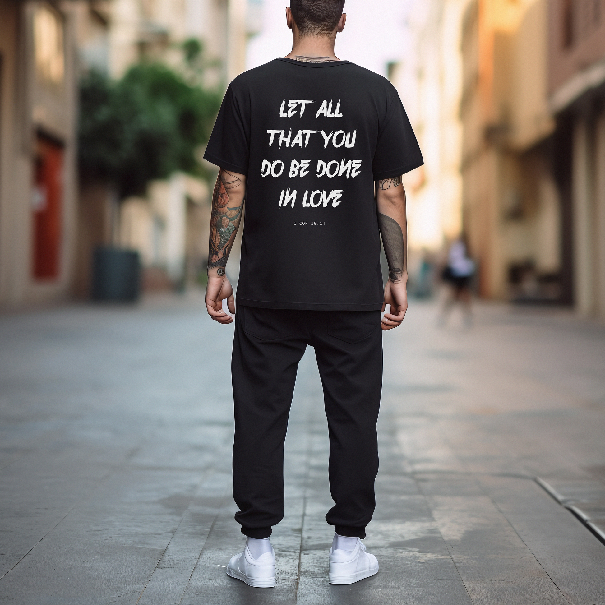 Black unisex t-shirt with white "Let all that you do be done in love" back print. 