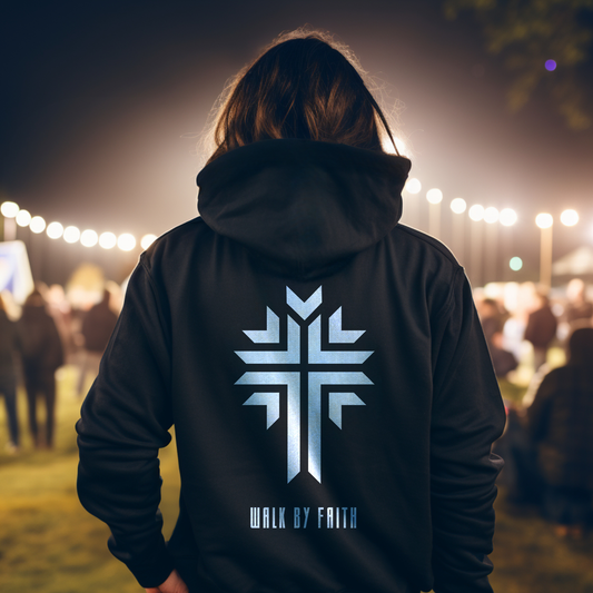 Christian "Walk by Faith" Unisex Hoodie with Cross Print - Inspired by 2 Corinthians 5:7 trusting in Jesus' triumph over sin and death