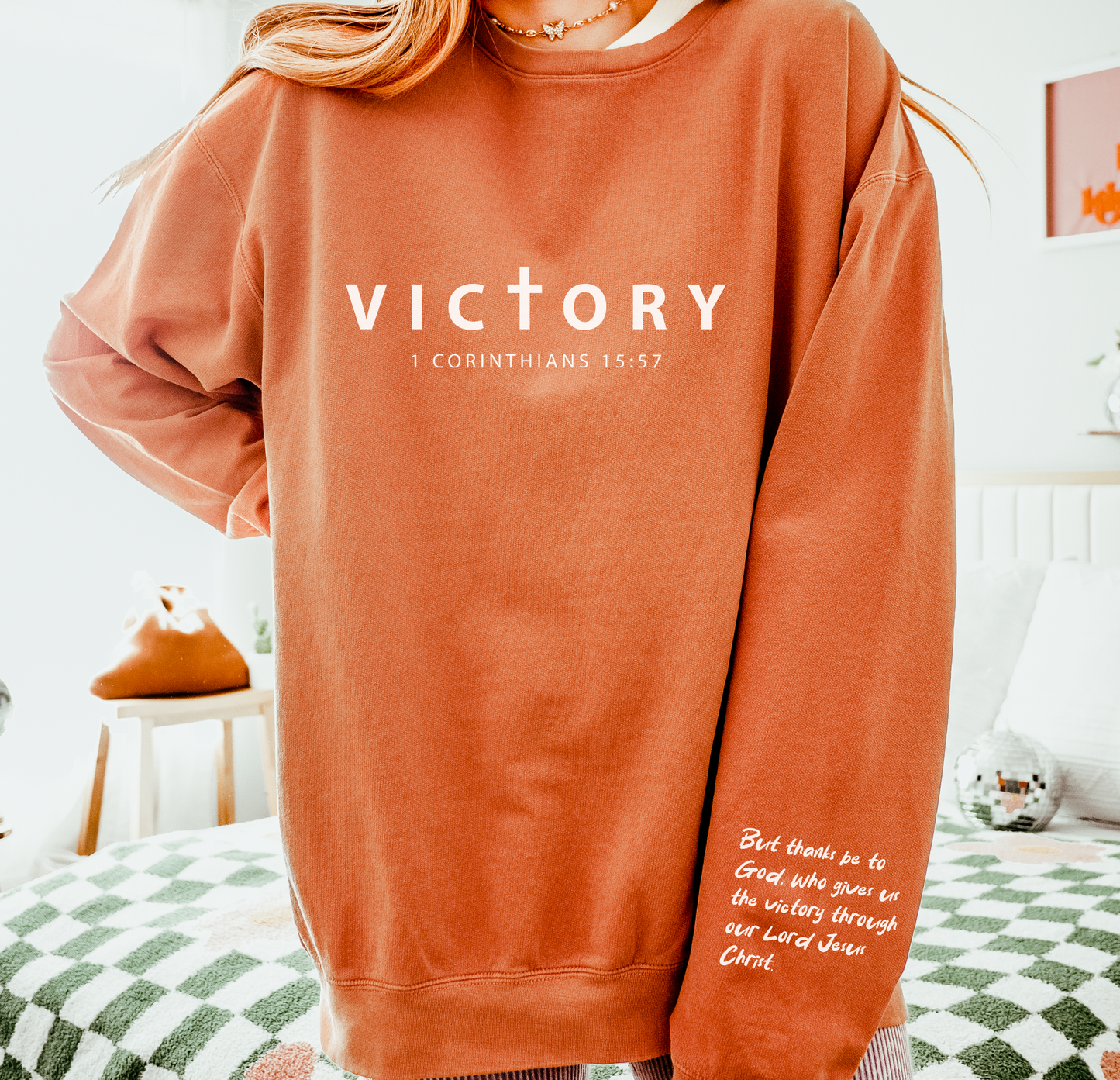 Unisex "Victory" sweatshirt with 1 Corinthians 15:57 Sleeve Print