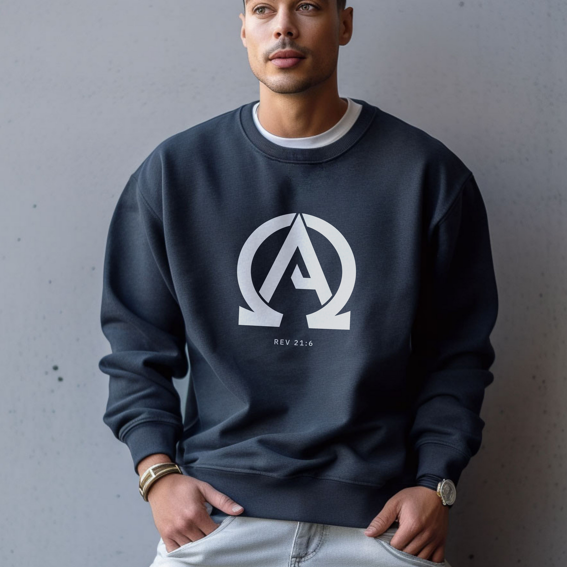 Navy crewneck sweater with black "Alpha Omega" print with verse Rev 23:6 reference.