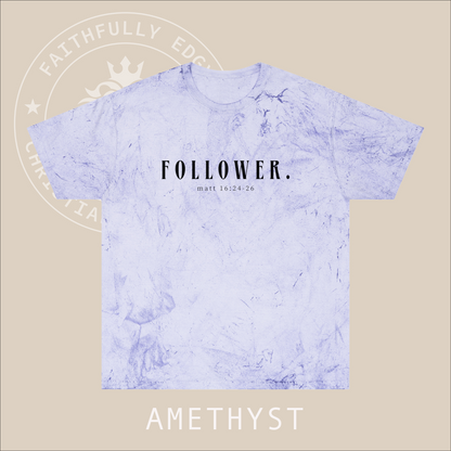 Unisex "Follower" tie die T-Shirt with Matt 16:24-26 print