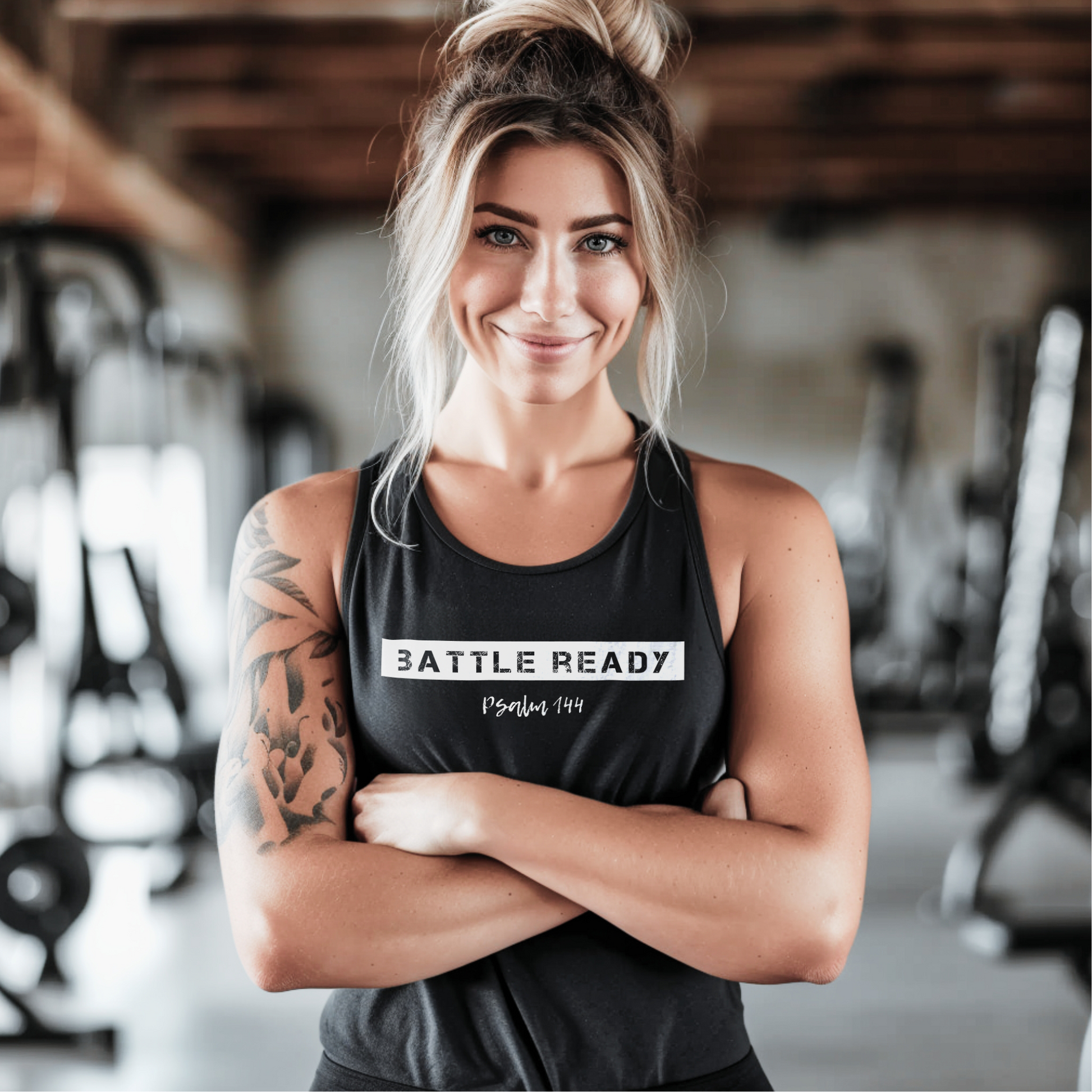 Women's "Battle Ready" tank referencing Psalm 144