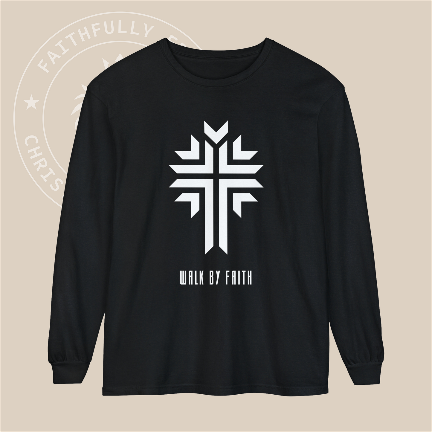 2 Corinthians 5:7 Inspired 'Walk by Faith' Christian Long-Sleeve Shirt with Cross Print