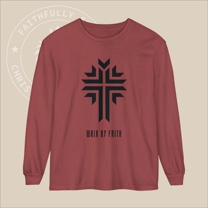 2 Corinthians 5:7 Inspired 'Walk by Faith' Christian Long-Sleeve Shirt with Cross Print