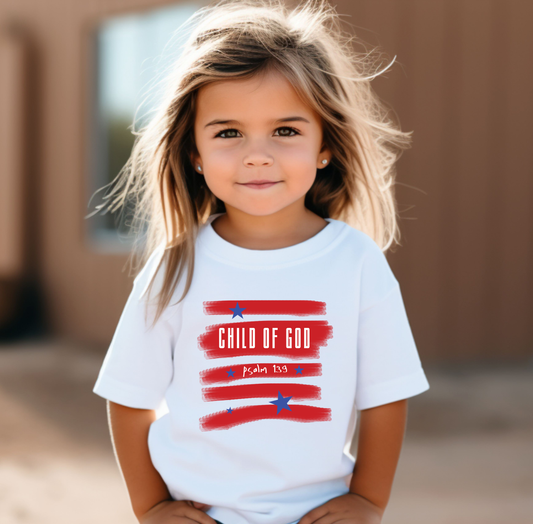 Patriotic Toddler "Child of God" Tee Psalm 139 print. God knows and loves our children deeply. Wonderfully made, cherished, and precious in His sight.