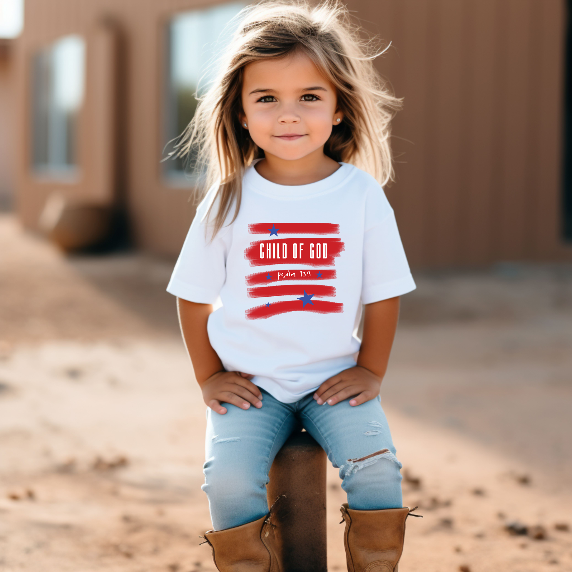 Patriotic Toddler "Child of God" Tee Psalm 139 print. God knows and loves our children deeply. Wonderfully made, cherished, and precious in His sight.