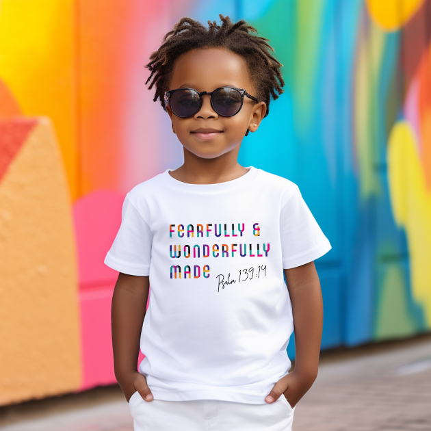 White toddler tee with rainbow colored "Fearfully & Wonderfully Made" print. 