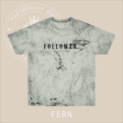 Unisex "Follower" tie die T-Shirt with Matt 16:24-26 print