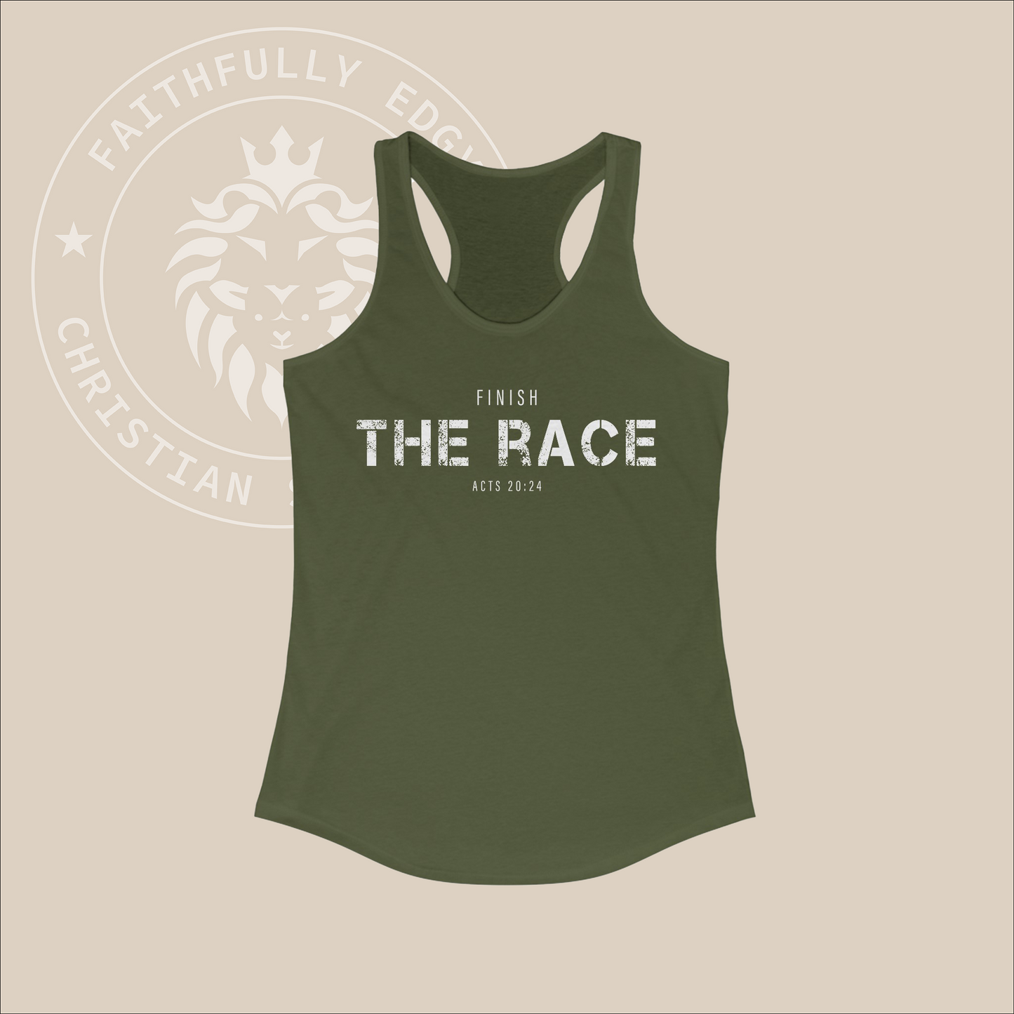 Women's "Finish the Race" tank top. In Acts 20:24 Paul values his mission over life itself, aiming to finish the race and share God's grace.