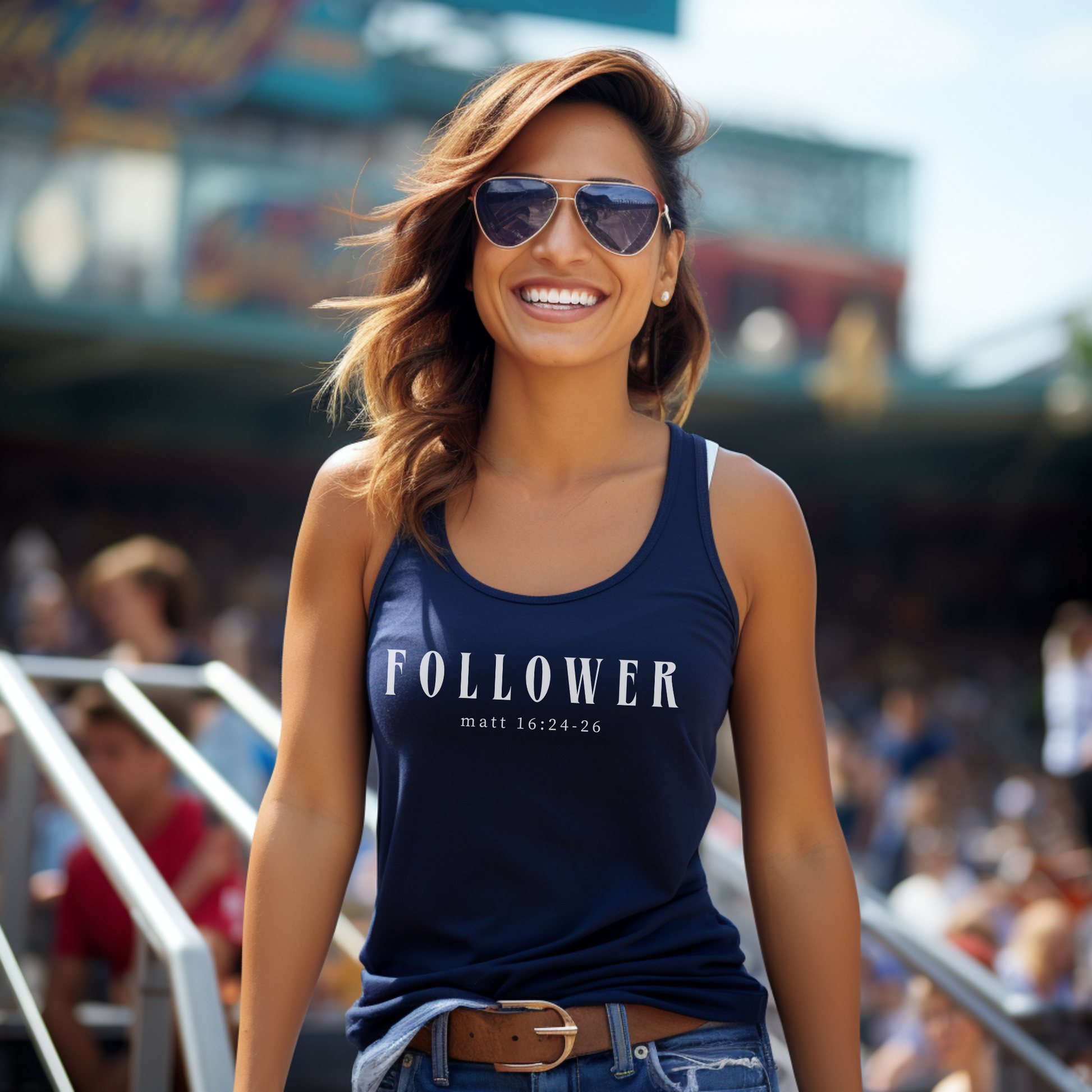 Women's "Follower" tank top with Matt 16:24-26 print