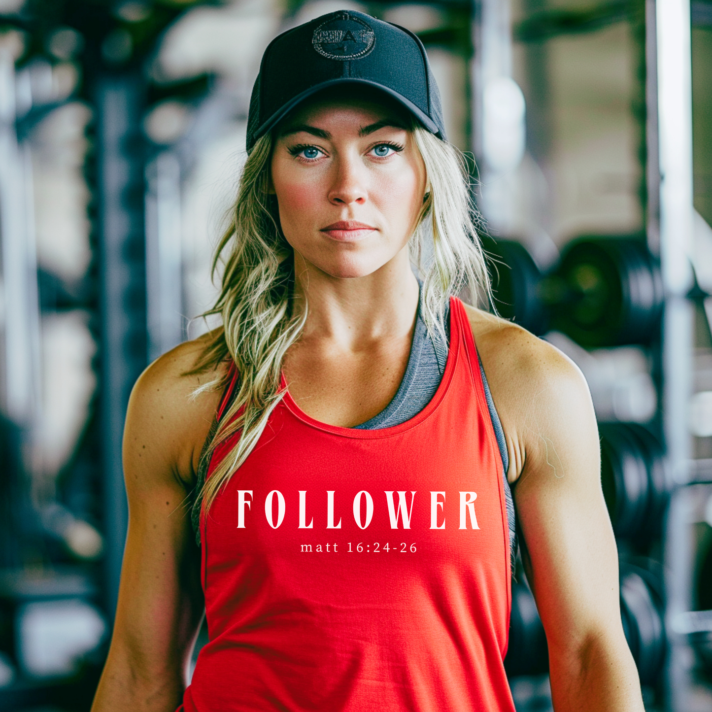 Women's "Follower" tank top with Matt 16:24-26 print