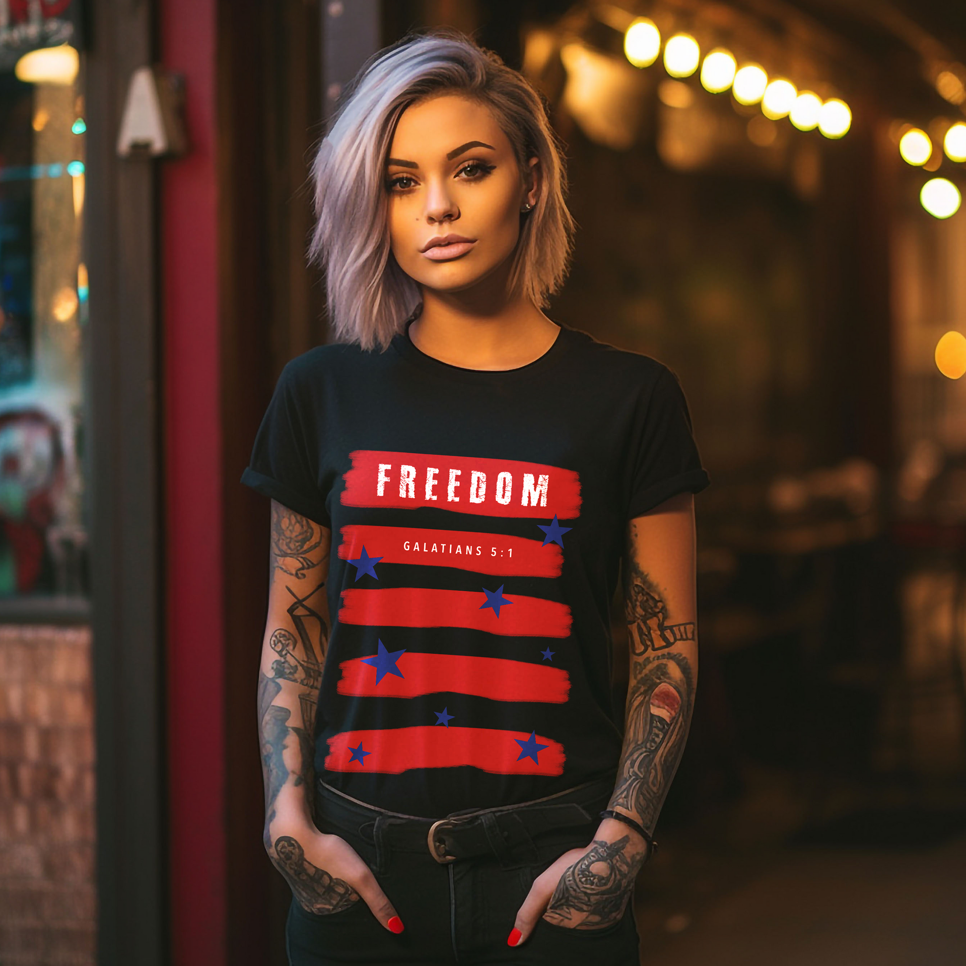 Unisex "Freedom" Tee with Galatians 5:1 Print, encouraging believers to stand firm in the freedom given by Christ.