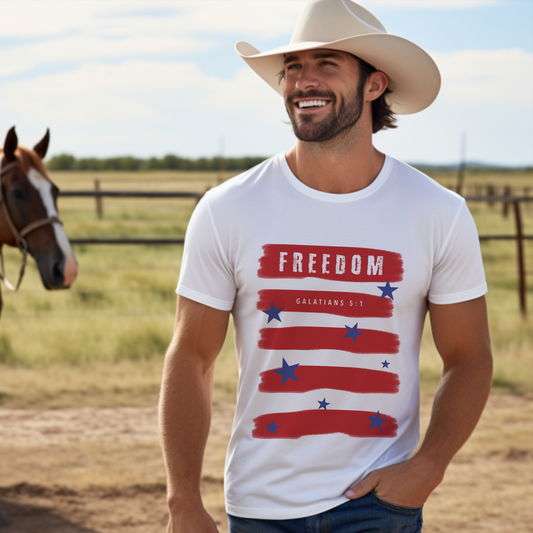 Unisex "Freedom" Tee with Galatians 5:1 Print, encouraging believers to stand firm in the freedom given by Christ.