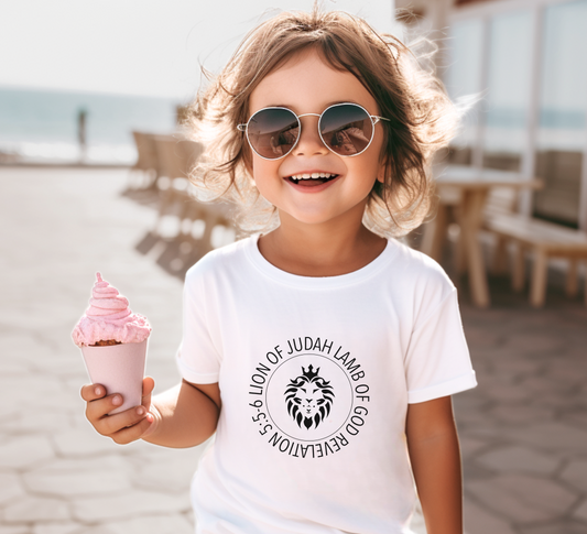 White toddler tee with black "Lion of Judah Lamb of God" print. 