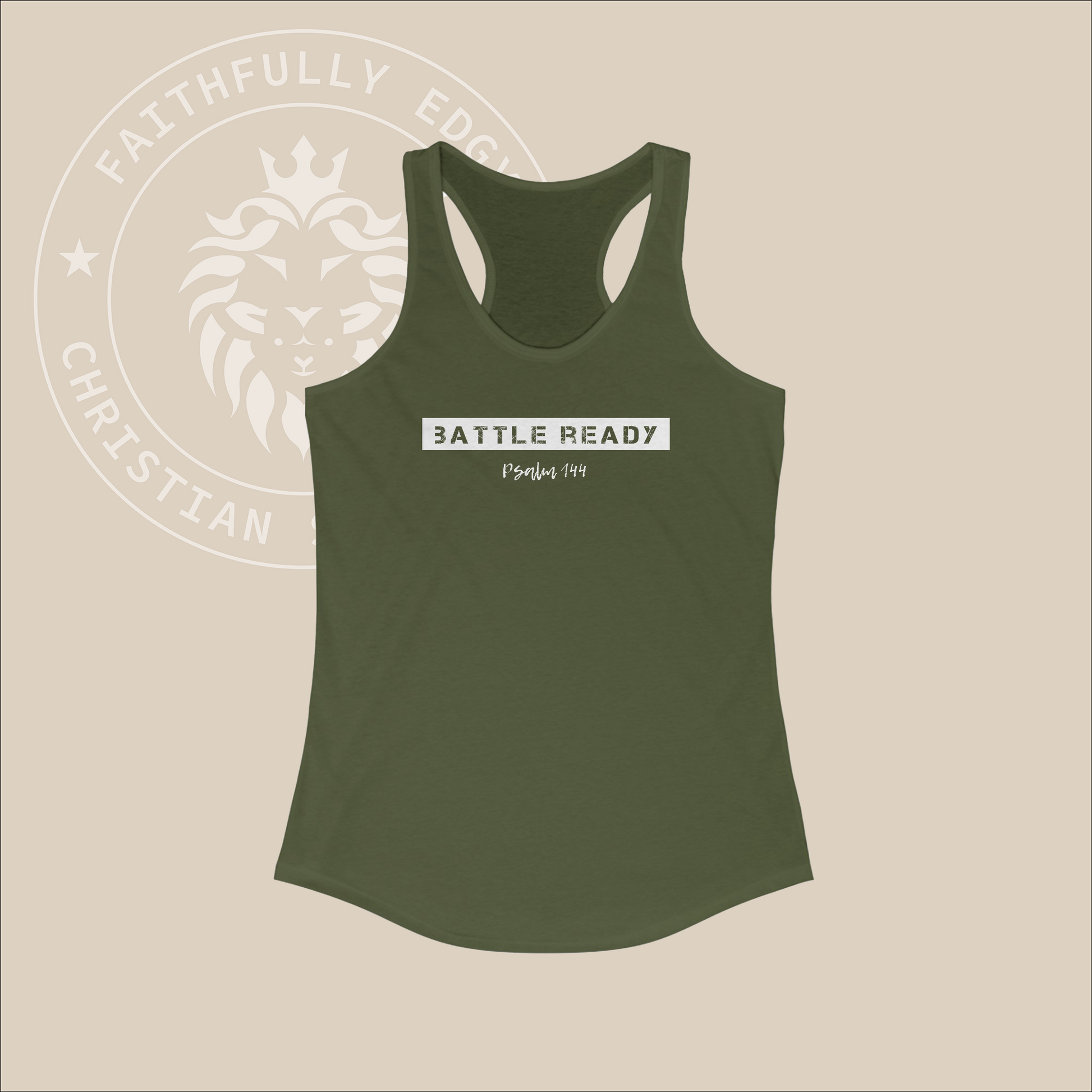 Women's "Battle Ready" tank referencing Psalm 144