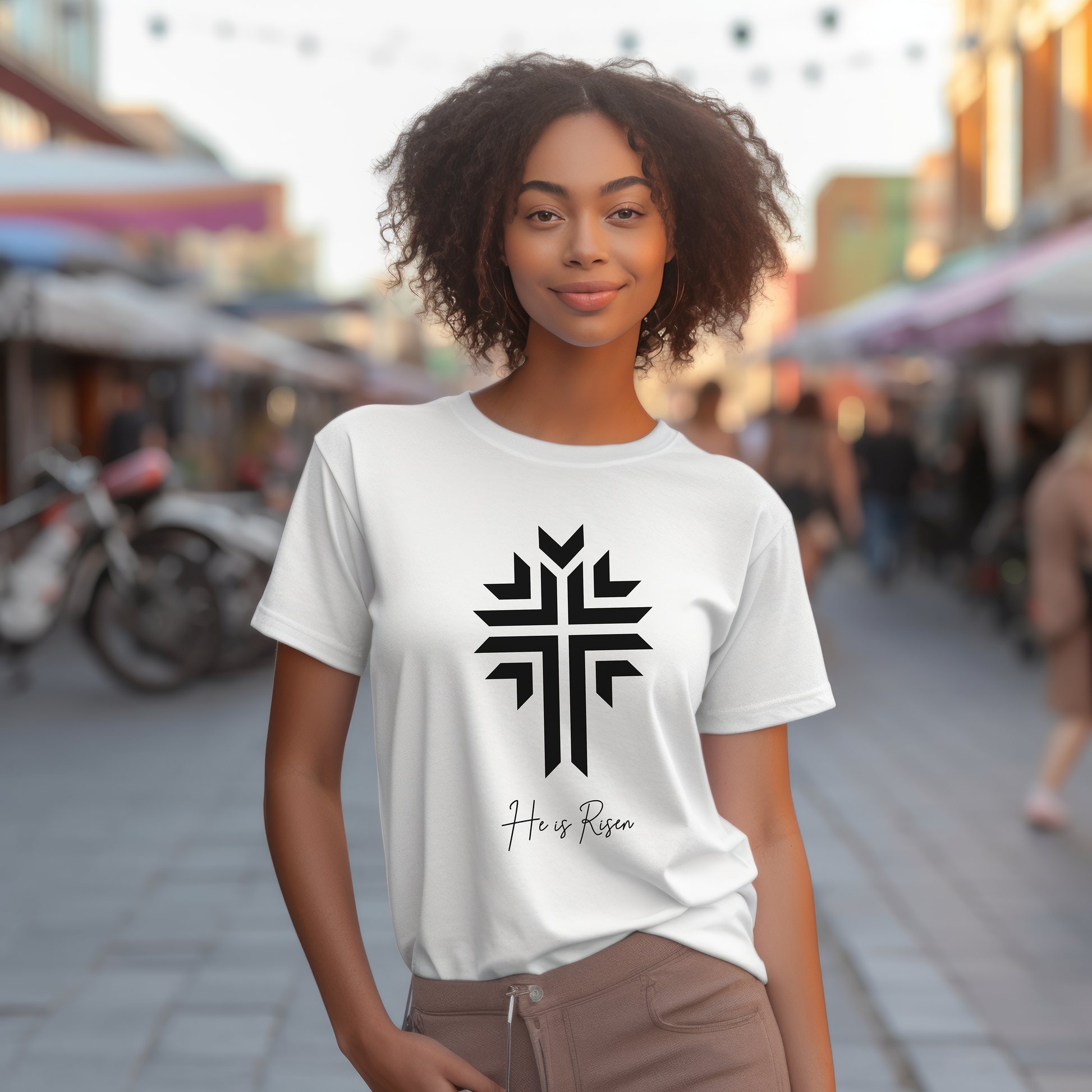 Unisex "He is Risen" Tee with Radiating Cross