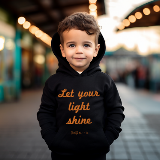 Kids "Let Your Light Shine" Hoodie, Matt 5:16 encourages believers to shine their light through good deeds, glorifying God and inspiring all.