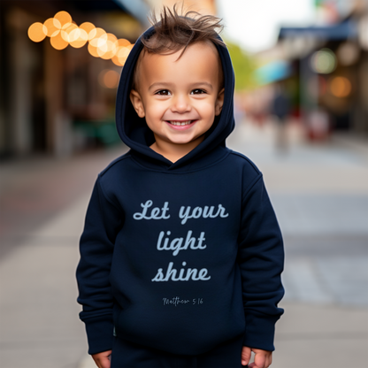 Kids "Let Your Light Shine" Hoodie, Matt 5:16 encourages believers to shine their light through good deeds, glorifying God and inspiring all.