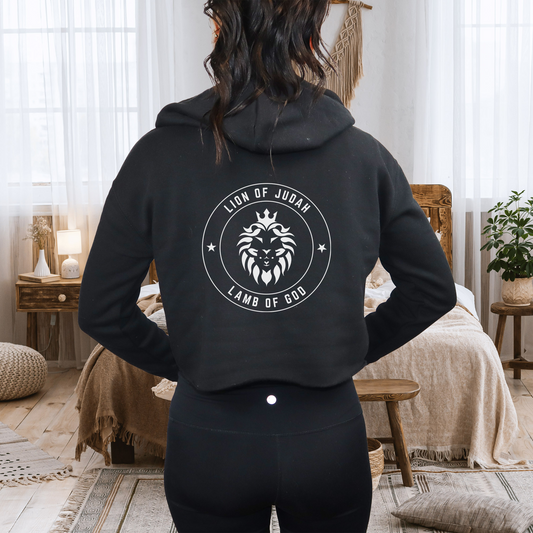 Women's "Lion and Lamb" Christian Hoodie with Rev 5:5 print, graphic is showcasing Jesus as the powerful Lion of Judah and sacrificial Lamb.