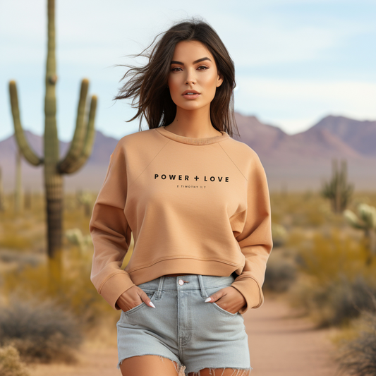 Women's "Power + Love" Cropped Sweater, 2 Tim 1:7, God has not given us the spirit of fear; but of power, and of love, and of a sound mind.