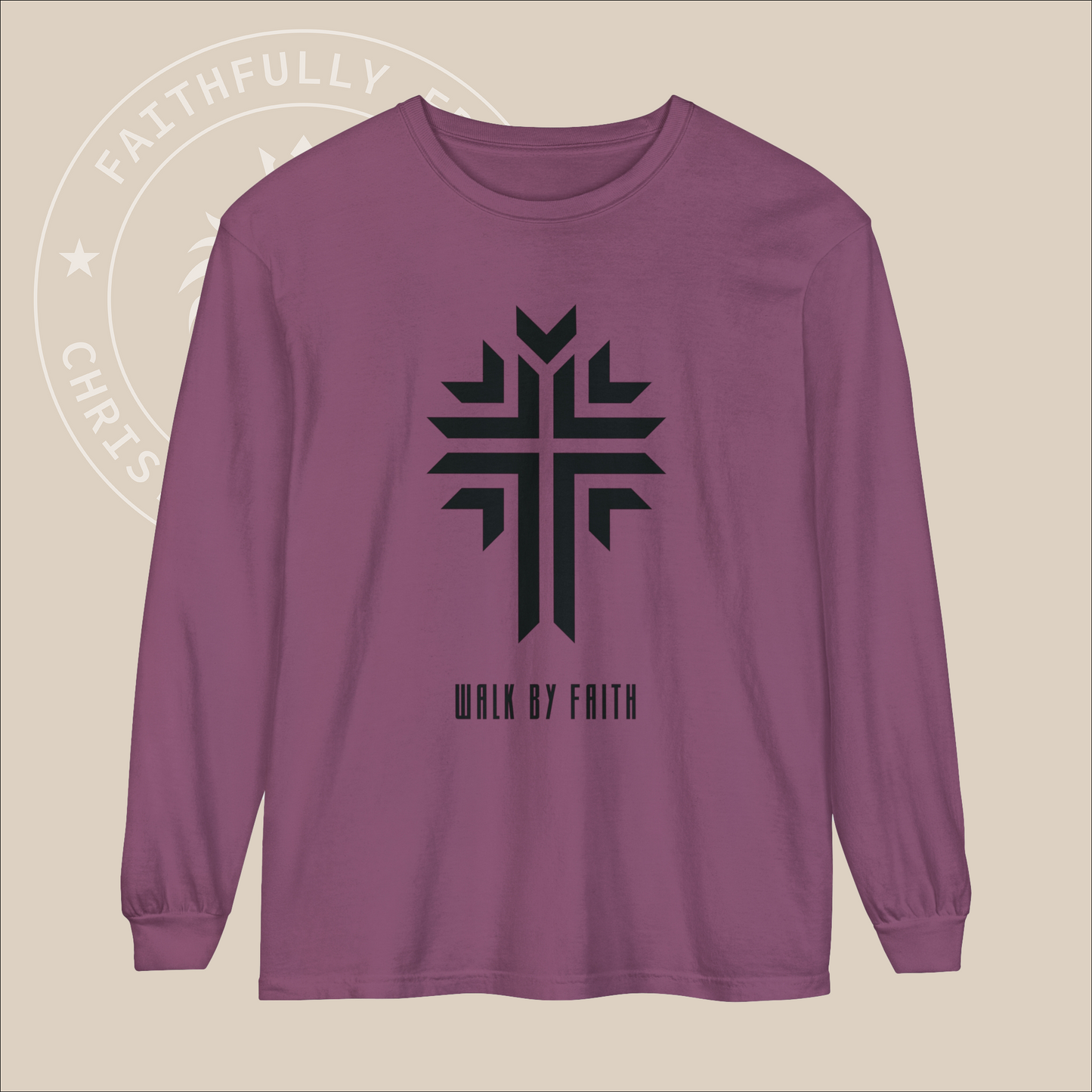 2 Corinthians 5:7 Inspired 'Walk by Faith' Christian Long-Sleeve Shirt with Cross Print