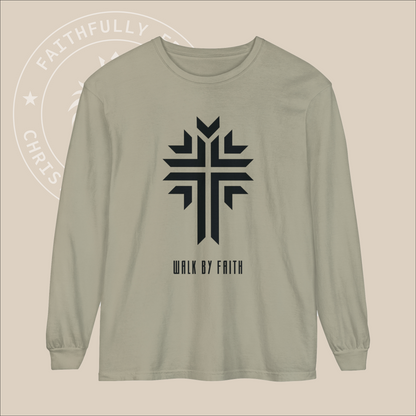 2 Corinthians 5:7 Inspired 'Walk by Faith' Christian Long-Sleeve Shirt with Cross Print