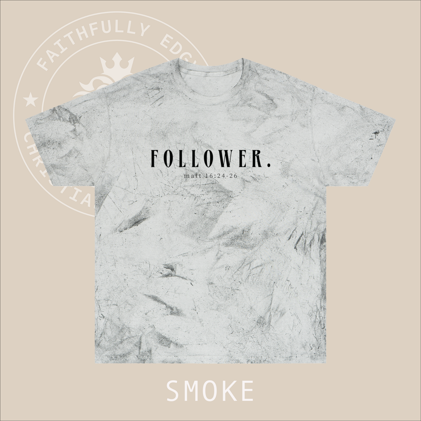 Unisex "Follower" tie die T-Shirt with Matt 16:24-26 print