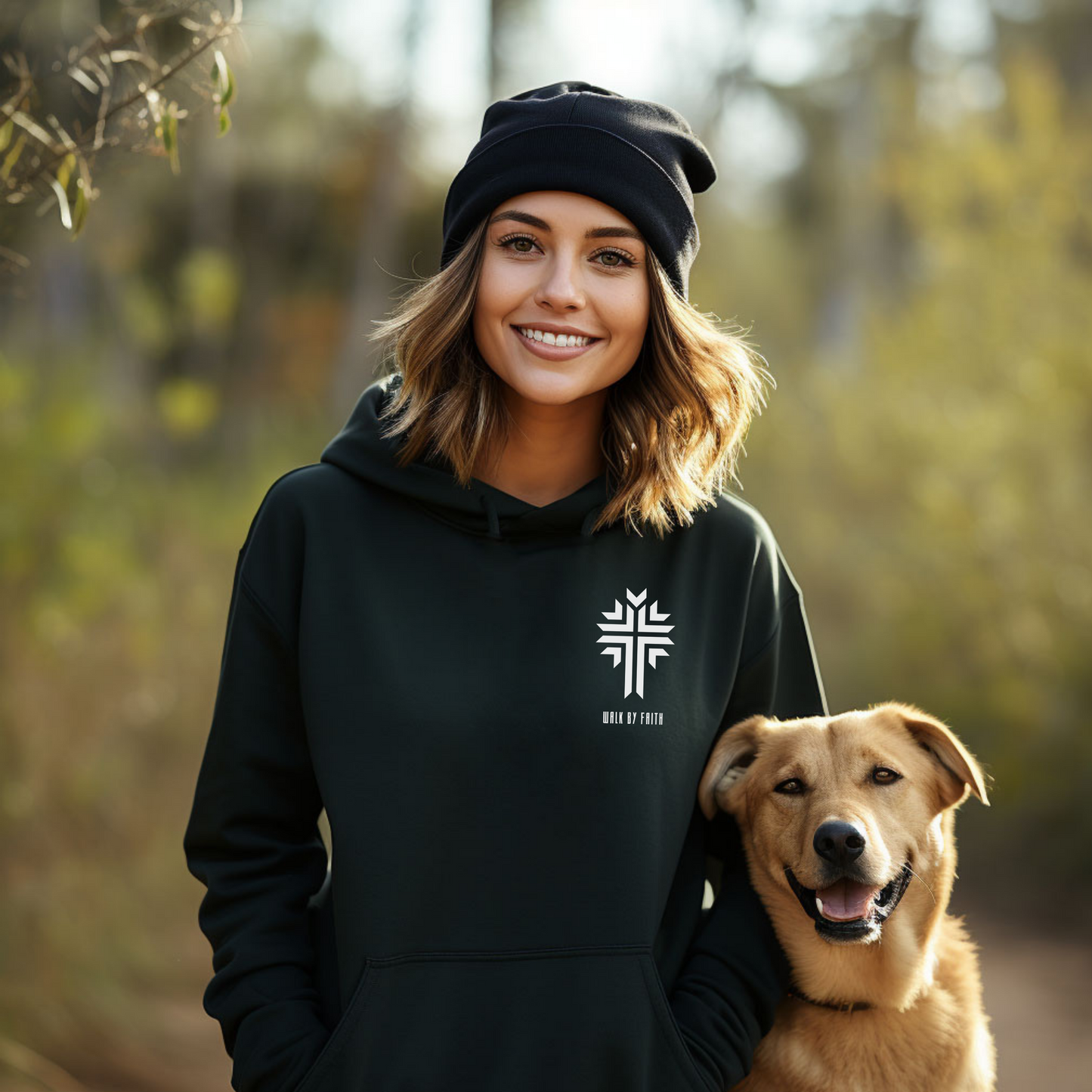 Christian "Walk by Faith" Unisex Hoodie with Cross Print - Inspired by 2 Corinthians 5:7 trusting in Jesus' triumph over sin and death